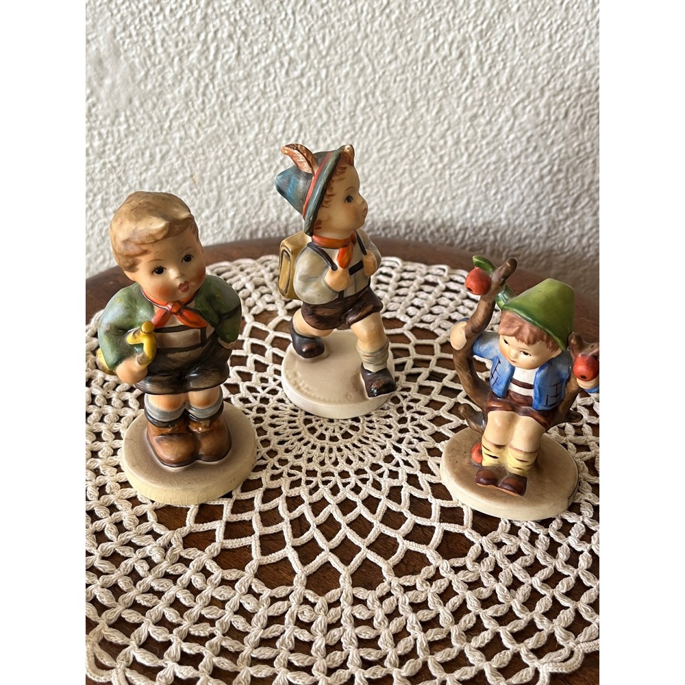 Goebel Hummel Figurine Set Apple Tree Boy Trumpet Boy Hiker West Germany 3pc